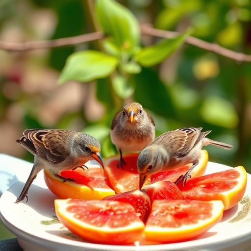 Birds feeding on fruit slices outdoors