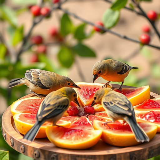 Birds feeding on fruit slices outdoors