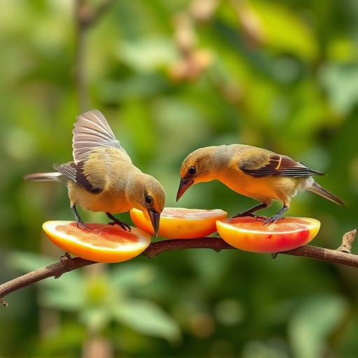 Birds feeding on fruit slices outdoors