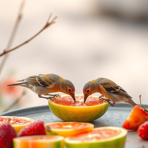 Birds feeding on fruit slices outdoors