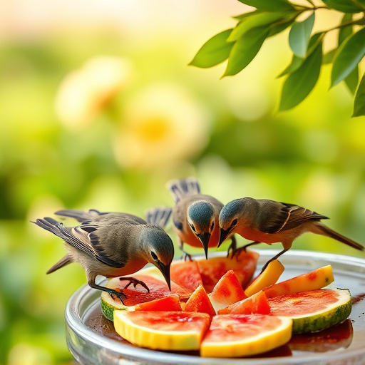 Birds feeding on fruit slices outdoors