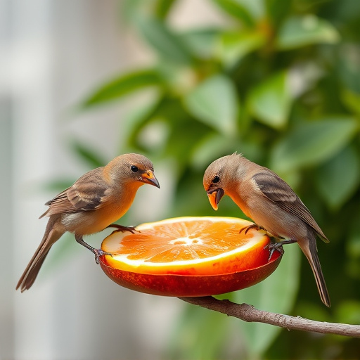 Birds feeding on fruit slices outdoors