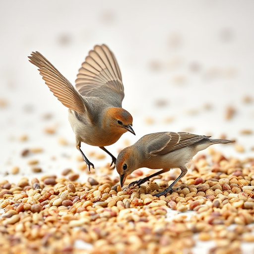 Birds feeding on scattered seeds