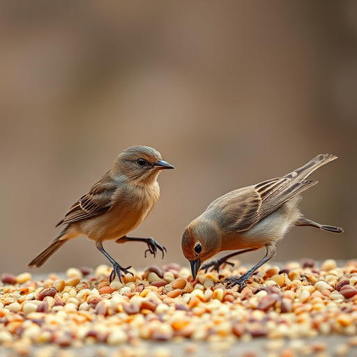 Birds feeding on scattered seeds