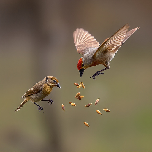 Birds feeding on scattered seeds