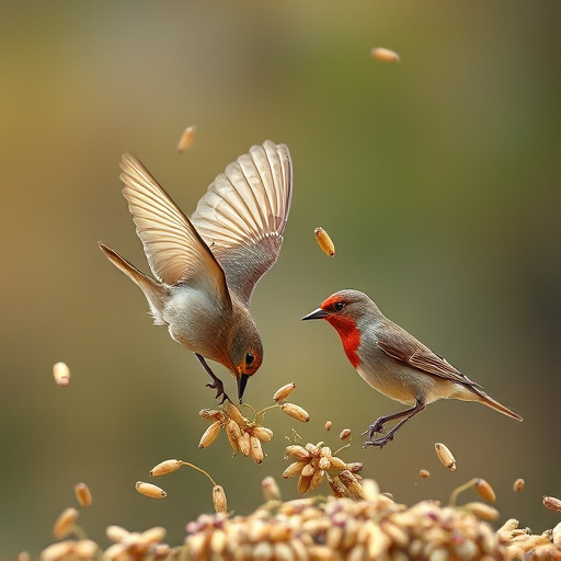 Birds feeding on scattered seeds