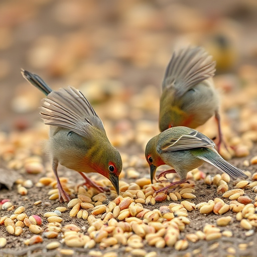 Birds feeding on scattered seeds