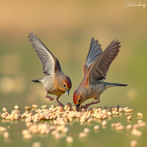 Birds feeding on scattered seeds
