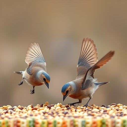 Birds feeding on scattered seeds