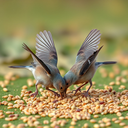 Birds feeding on scattered seeds
