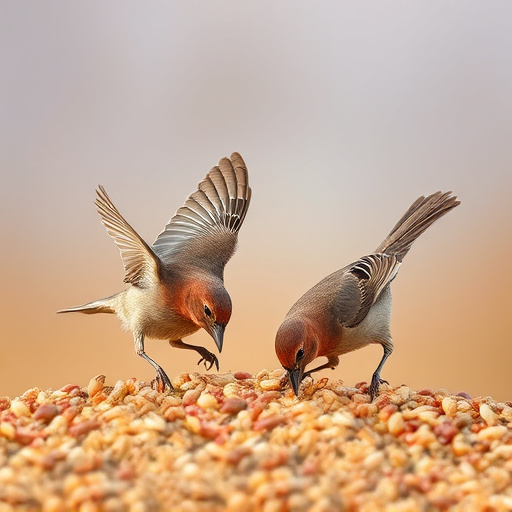 Birds feeding on scattered seeds