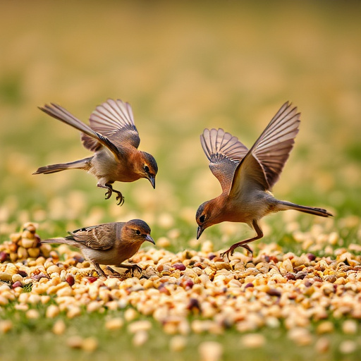 Birds feeding on scattered seeds