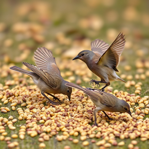Birds feeding on scattered seeds