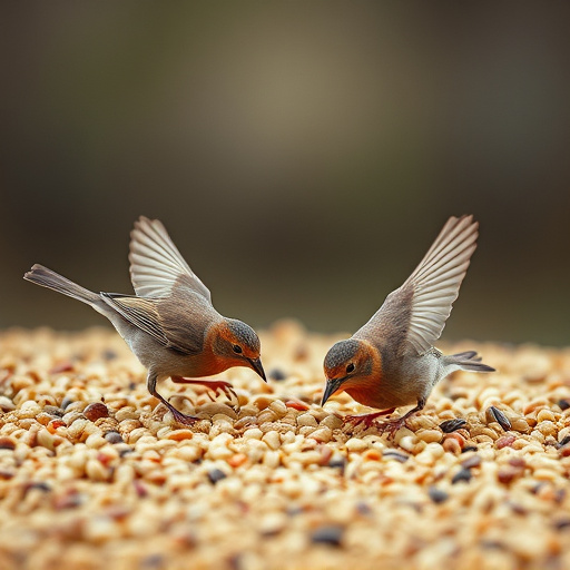 Birds feeding on scattered seeds