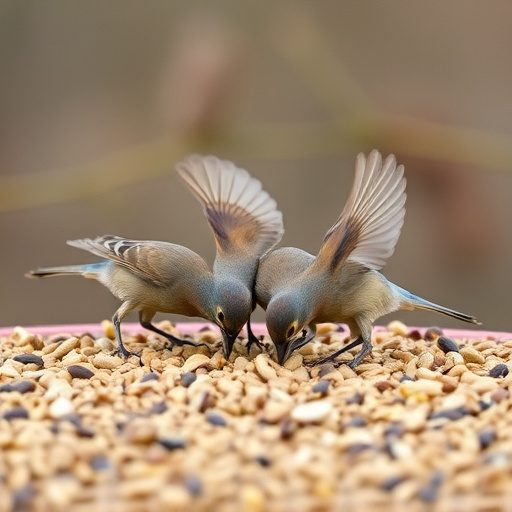 Birds feeding on scattered seeds