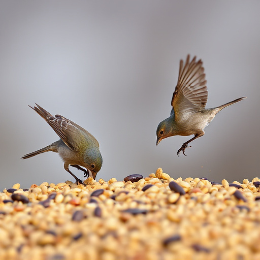 Birds feeding on scattered seeds