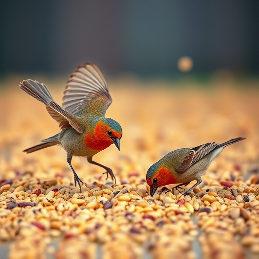 Birds feeding on scattered seeds