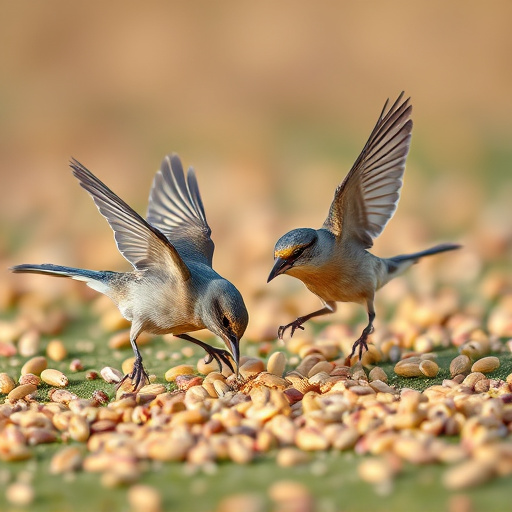 Birds feeding on scattered seeds