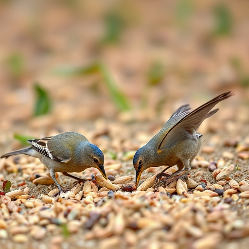 Birds feeding on scattered seeds