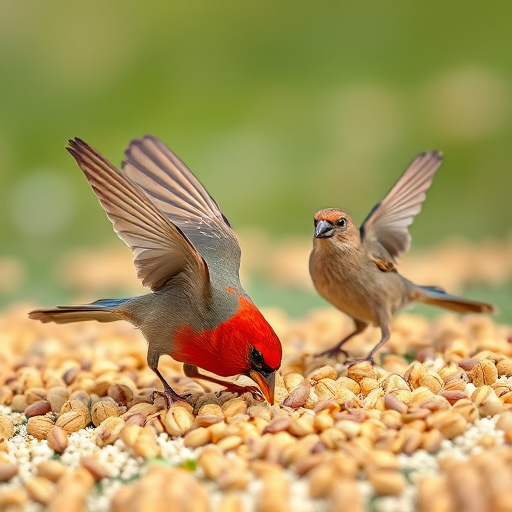 Birds feeding on scattered seeds