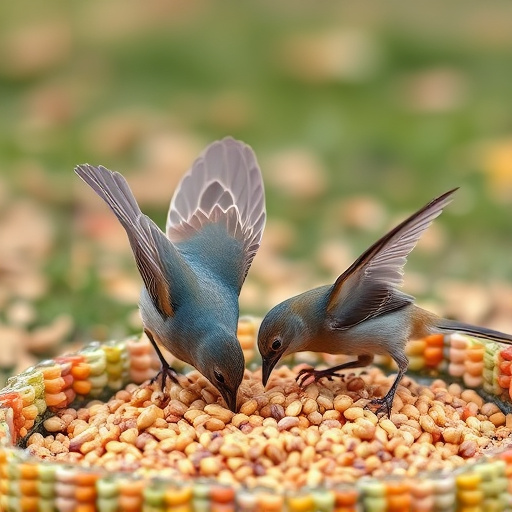 Birds feeding on scattered seeds