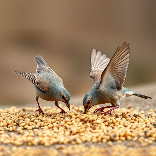 Birds feeding on scattered seeds