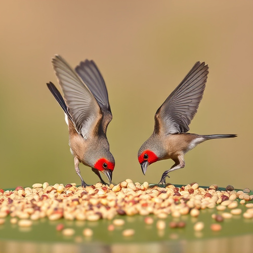 Birds feeding on scattered seeds