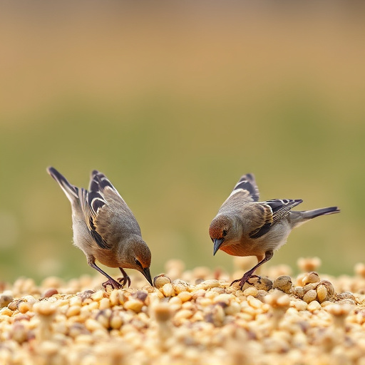 Birds feeding on scattered seeds
