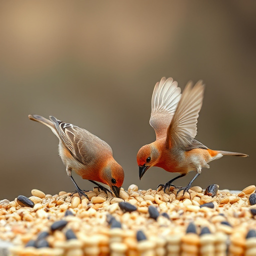 Birds feeding on scattered seeds
