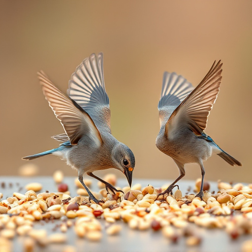 Birds feeding on scattered seeds