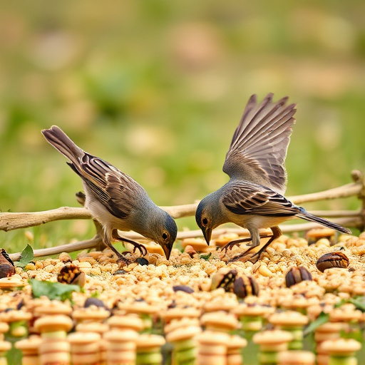 Birds feeding on scattered seeds