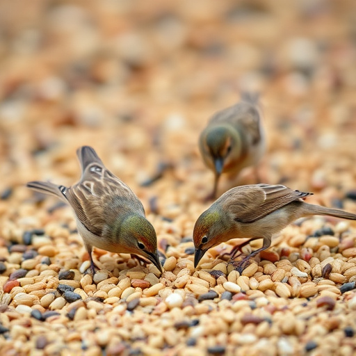 Birds feeding on scattered seeds
