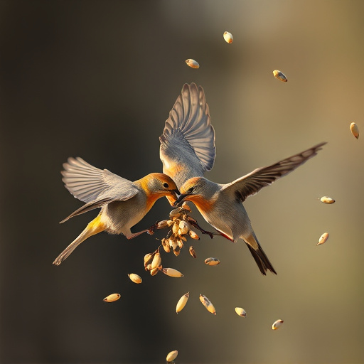 Birds feeding on scattered seeds
