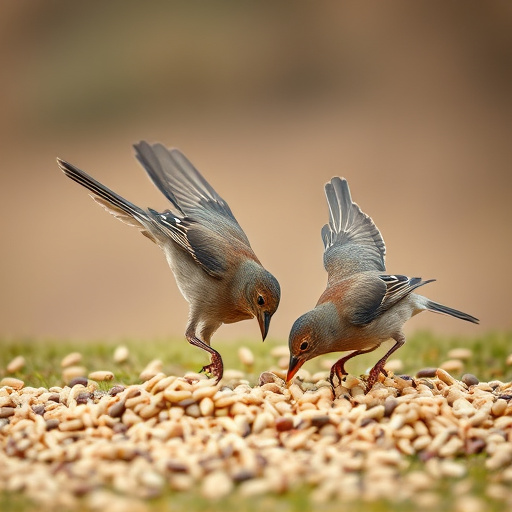 Birds feeding on scattered seeds