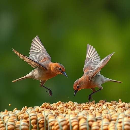 Birds feeding on scattered seeds