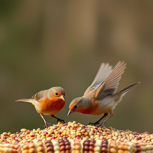 Birds feeding on scattered seeds