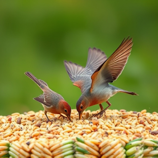 Birds feeding on scattered seeds