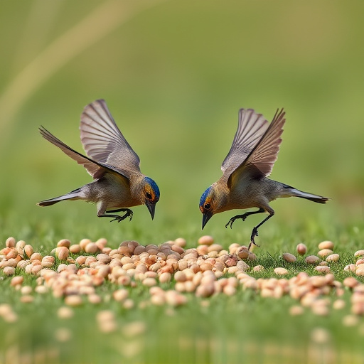 Birds feeding on scattered seeds