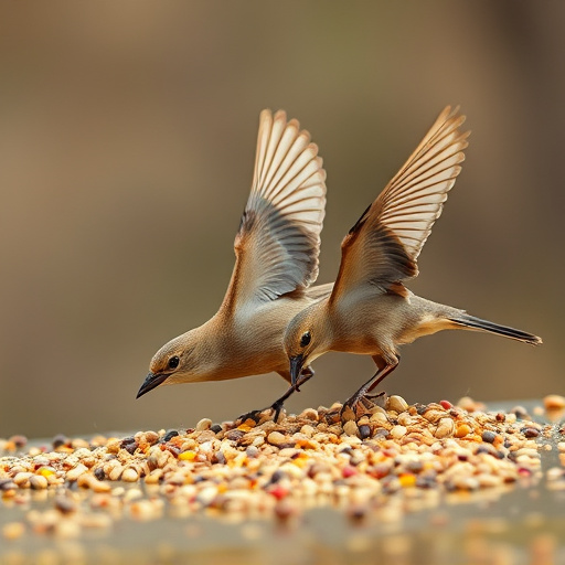 Birds feeding on scattered seeds