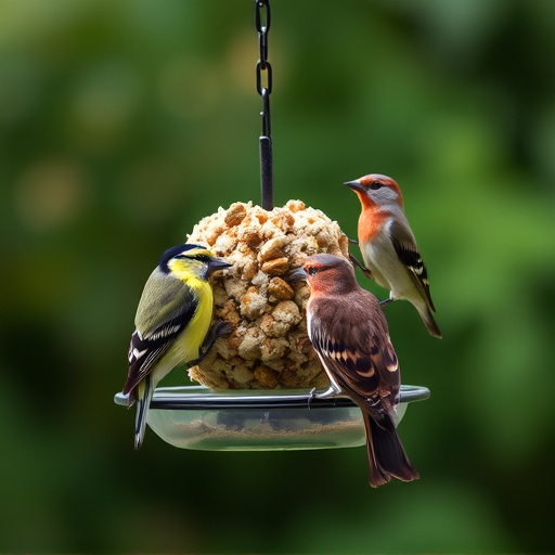 Birds feeding on suet balls feeder