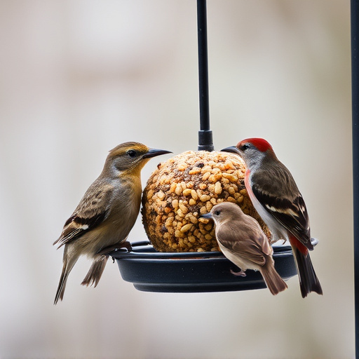Birds feeding on suet balls feeder