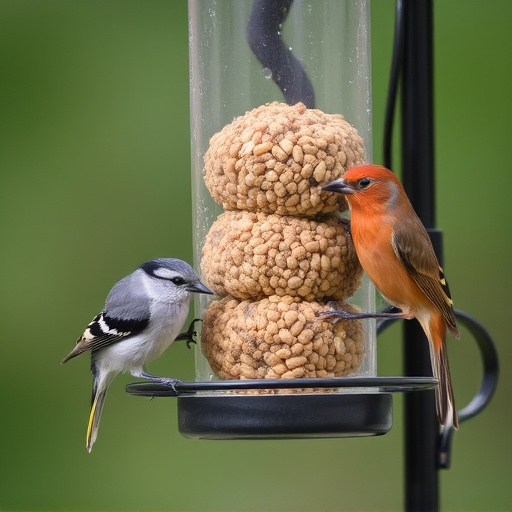 Birds feeding on suet balls feeder