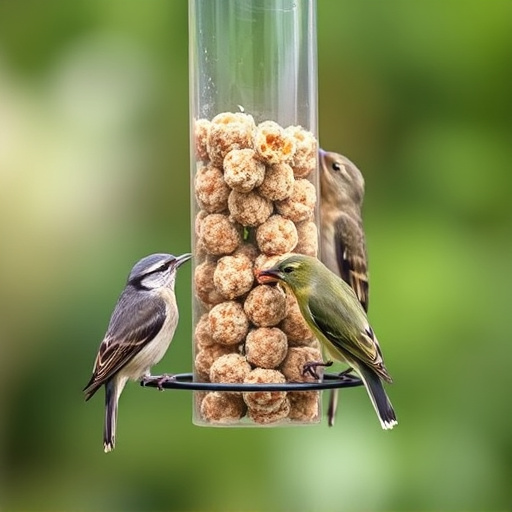 Birds feeding on suet balls feeder
