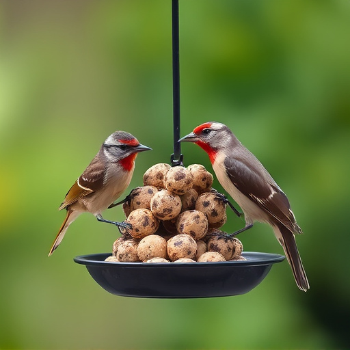 Birds feeding on suet balls feeder