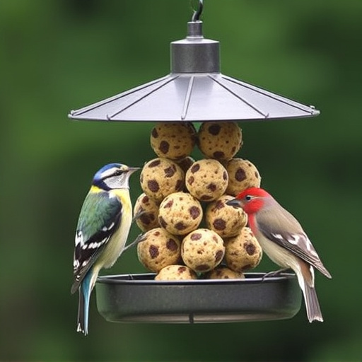 Birds feeding on suet balls feeder