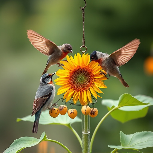 Birds feeding on sunflower hearts outdoors