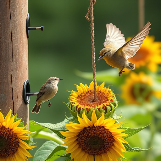 Birds feeding on sunflower hearts outdoors