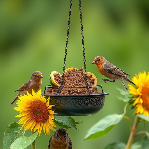 Birds feeding on sunflower hearts outdoors