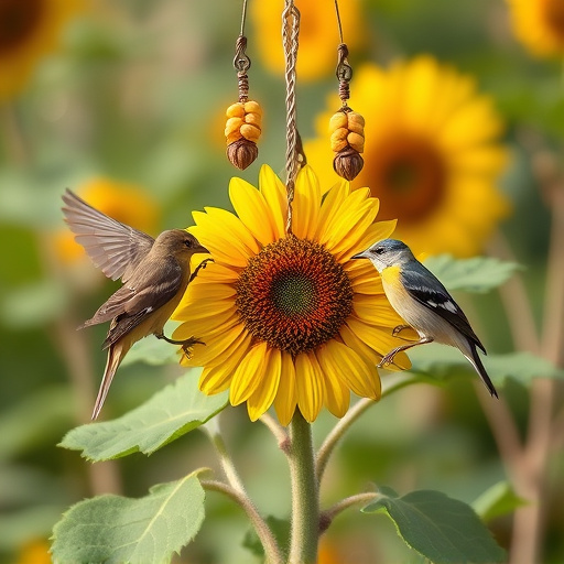 Birds feeding on sunflower hearts outdoors