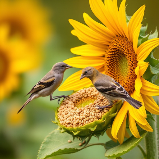 Birds feeding on sunflower seeds